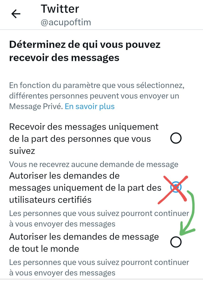 ⚠️ Suite à une mise à jour de #Twitter seuls les comptes certifiés #TwitterBlue peuvent vous envoyer des dms. Pour changer ça allez dans "Confidentialité et sécurité",  "Messages Privés", puis recochez "Tout le monde".