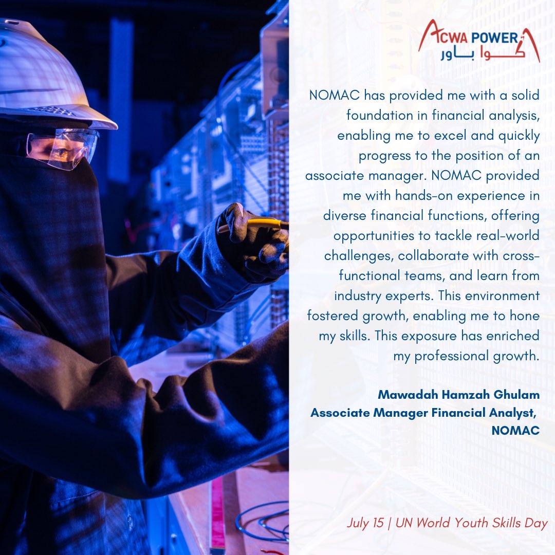 Acwa_ar's tweet photo. Happy #UNWorldYouthSkillsDay! Celebrating Saudi Arabia's youth and their incredible potential. ACWA Power, a leader in water desalination and first mover in green hydrogen, empowers the next generation aligned with Vision 2030. https://t.co/aHq6kvBLhY