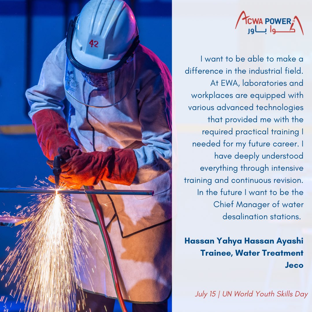Acwa_ar's tweet photo. Happy #UNWorldYouthSkillsDay! Celebrating Saudi Arabia's youth and their incredible potential. ACWA Power, a leader in water desalination and first mover in green hydrogen, empowers the next generation aligned with Vision 2030. https://t.co/aHq6kvBLhY
