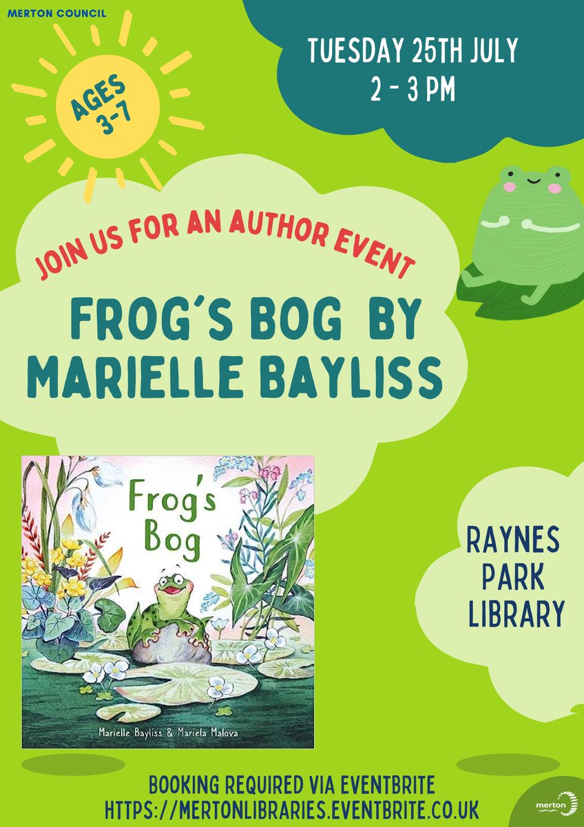 Here is the sign-up link for the #frogsbog reading and craft event at #raynesparklibrary All free but do sign-up to reserve a lily pad for froglets 🐸🐸🐸
eventbrite.co.uk/e/raynes-park-…

#mertonlibraries #londonlibraries #raynespark #raynesparkmums #raynesparkactivities #authorevent