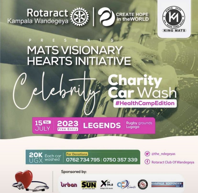 MATS VISIONARY HEARTS INITIATIVE:

Catch Miss Pride of Africa UK 1st Princess at the Celebrity Charity Car Wash:

Sponsored by: @UrbanTVUganda 

Date: Today 15th July 2023
📍 Rugby Grounds

#HealthCampEdition