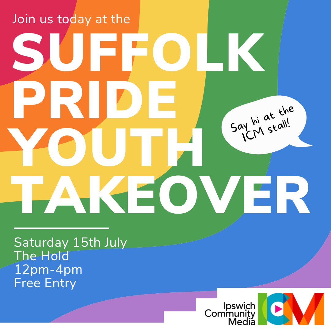 Ipswich Community Media (@ipswichcm) on Twitter photo Join us today at the <a href="/suffolkpride/">Suffolk Pride</a> Youth Takeover at The Hold 🏳️🌈 🏳️⚧️
There'll be a mini pride march, live performances, an open mic, arts & crafts, local services, a wellbeing space, and more.
Come and say hello to the team at the ICM stall! Join us today at the <a href="/suffolkpride/">Suffolk Pride</a> Youth Takeover at The Hold 🏳️🌈 🏳️⚧️
There'll be a mini pride march, live performances, an open mic, arts & crafts, local services, a wellbeing space, and more.
Come and say hello to the team at the ICM stall!