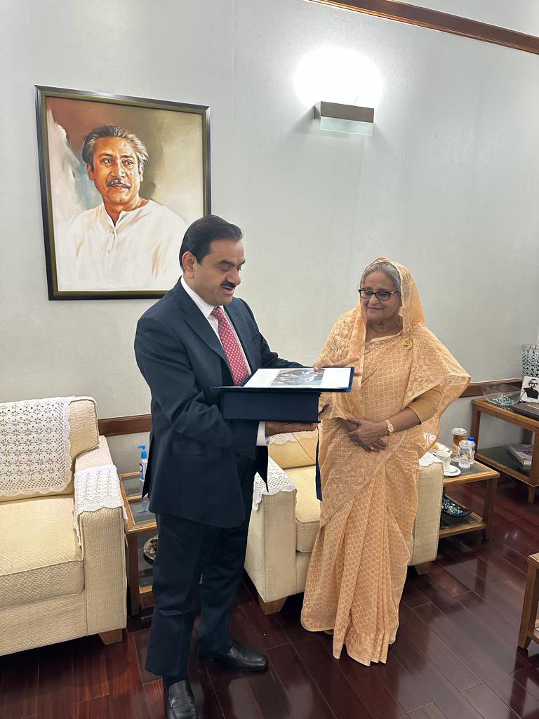 gautam_adani's tweet photo. Honoured to have met Bangladesh PM Sheikh Hasina on full load commencement and handover of the 1600 MW Ultra Super Critical Godda Power Plant. I salute the dedicated teams from India and Bangladesh who braved Covid to commission the plant in record time of three-and-a-half years. https://t.co/liwZTKlBDG