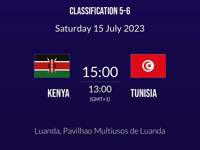 Morans play Tunisia in their last game of the 2023 AfroCan Tournament in Luanda Angola 

Let's go #TeamKenya  🇰🇪

#MoransToTheWorld 
#RadullKE