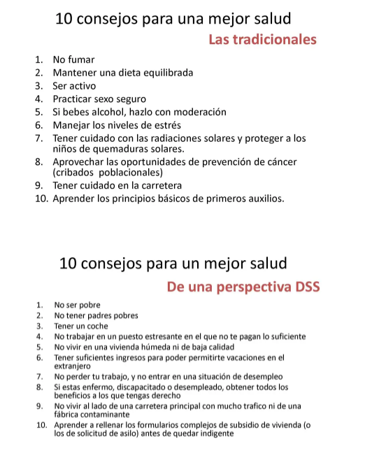 RamonFedz's tweet photo. La 1ª diapositiva son recomendaciones clásicas relacionadas con estilos de vida para mejorar la salud. La de abajo son unas recomendaciones alternativas de Dave Gordon sobre el mismo tema desde una perspectiva de los determinantes sociales de la salud, DSS.
Como la vida misma. https://t.co/k0kr8s4NUN