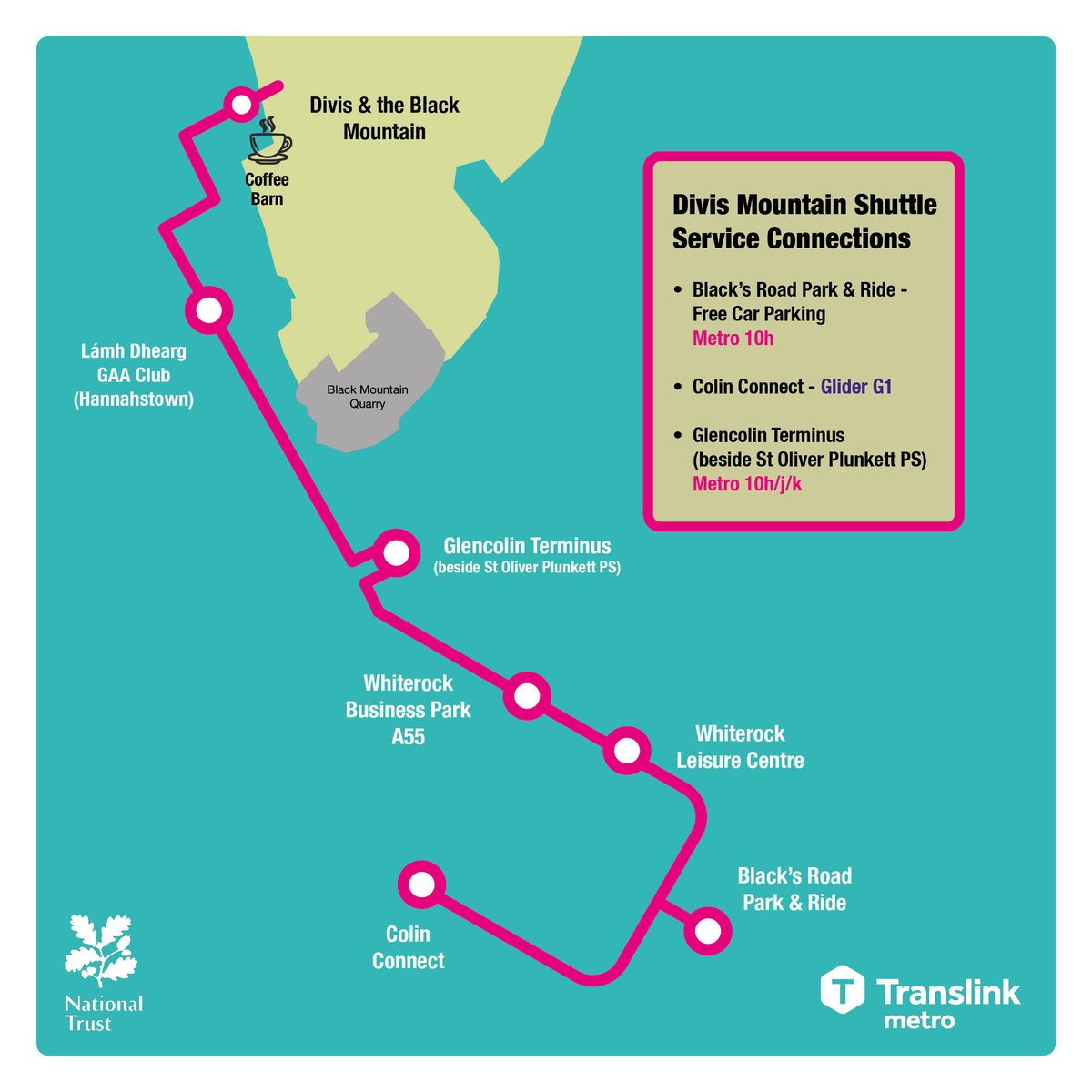 TranslinkMetro's tweet photo. The @NationalTrustNI Divis Shuttle service is back! Running each Saturday &amp; Sunday from 15 July to 27 August, plus Bank Holiday Monday 28 August. Departs Colin Connect: 10.00, 1130, 1300, 1430, 1515 &amp; 1645. Departs Divis: 1045, 1215, 1345, 1515, 1600 &amp; 1730. https://t.co/i7HEho3YPE