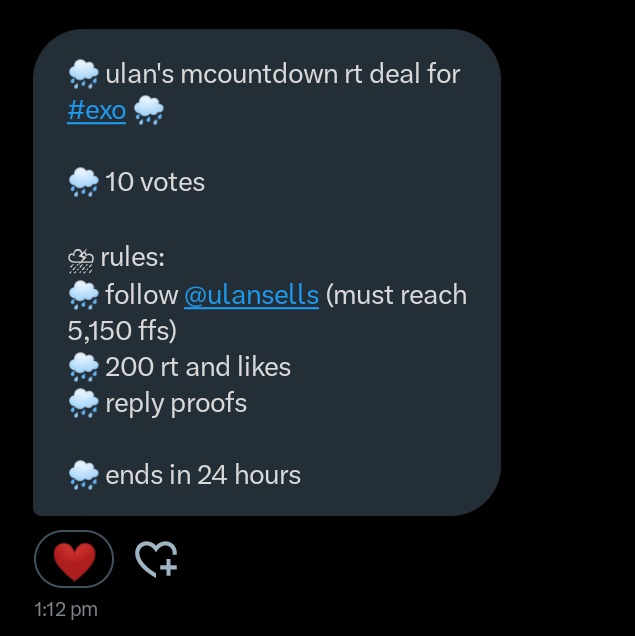 ShreyoseeDeb's tweet photo. 📌YEAH , ANOTHER DEAL !! COME 🫴 ON EXOL'S LETS COMPLETE THIS TOO❤️❤️ 📌 
🌧 ulan's mcountdown rt deal for #exo 🌧 

🌧 10 votes 

⛈ rules:
🌧 follow @ulansells (must reach 5,150 ffs)
🌧 200 rt and likes
🌧 reply proofs 

🌧 ends in 24 hours https://t.co/jCE7cQjw02