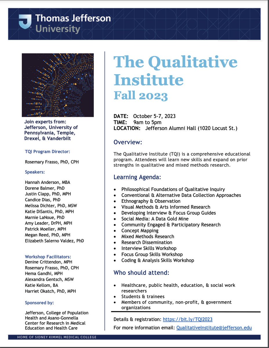 Registration is open! Learn from UPenn, Drexel, Temple, CHOP and Jefferson's Qualitative Researchers during this popular 3-day mini course! Details and Registration jefferson.catalog.instructure.com/courses/the-qu…