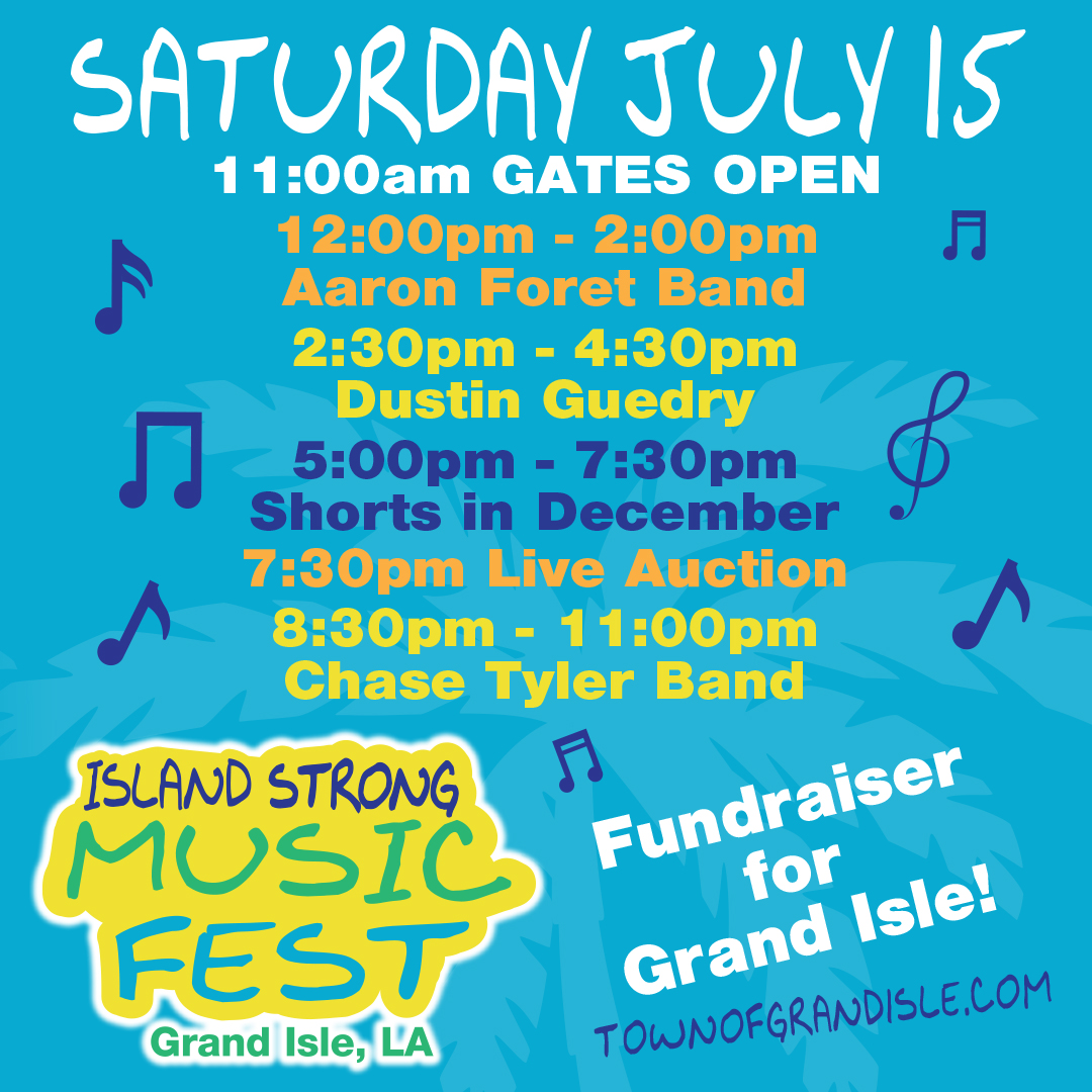 TownofGrandIsle's tweet photo. Don’t miss the final day of Island Strong Music Fest tomorrow! Gates open at 11:00 a.m. Come celebrate our recovery with music, food, and local vendors. Details at https://t.co/zO9x3CCAMN Don't miss it! https://t.co/HnAK6emHVS