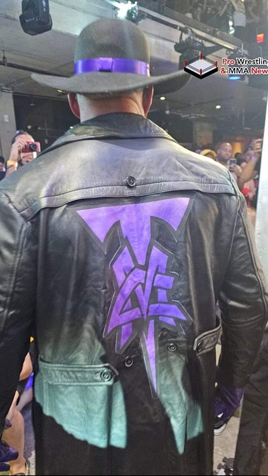 Here is the back of Matt Cardonas Duster and Hat that he wore tonight at #GCWForever he declared himself 'Rydertaker'.