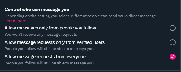 may_ello's tweet photo. Heads up all!
Check your DM's in case the middle/second option is checked. A lot of users have mentioned it was checked by default.
If you have not being getting messages you normally would; this might be the cause until hopefully a change stops this pay-wall.
#twitterbs https://t.co/qHjLL7yyXM
