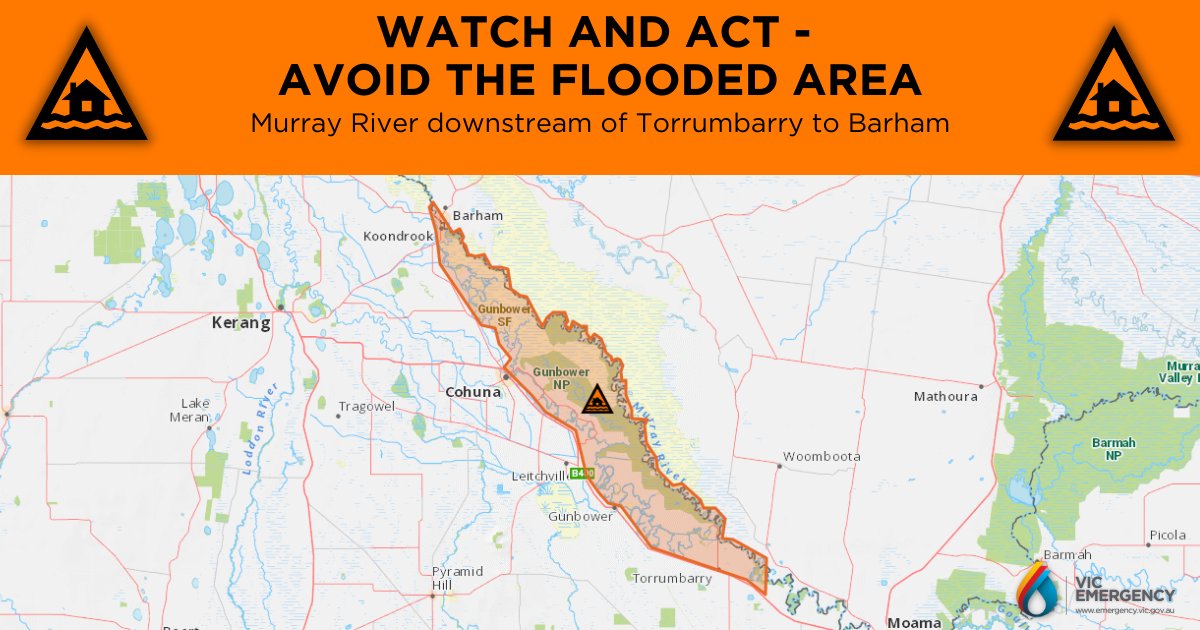 WATCH & ACT - RIVERINE FLOOD - Avoid the Flooded Area This Moderate Flood Warning is being issued for Murray River downstream of Torrumbarry to Barham. More details at emergency.vic.gov.au/respond/#!/war…