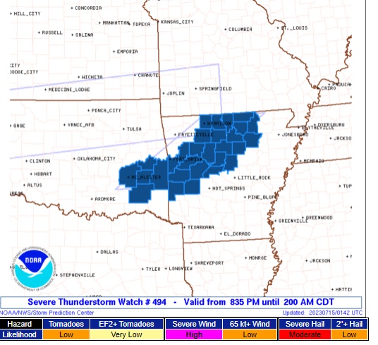 SEVERE STORM WATCH to 2 AM CDT for AR & OK A tornado or two possible Hail 1.5