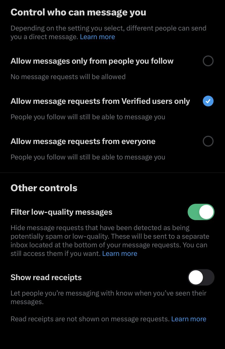 // Hey all, spreading this message here, but check your DM settings cuz it may have been switched to this automatically!

I usually set mine to open just in case, but I imagine many of y’all would want only from people you follow.