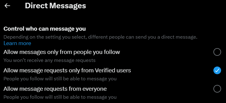 FYI, it seems that Twitter now defaults to only allowing Blue's to message request you. 

Option found here: x.com/settings/direc…

(I just changed mine back to allow everyone.)
