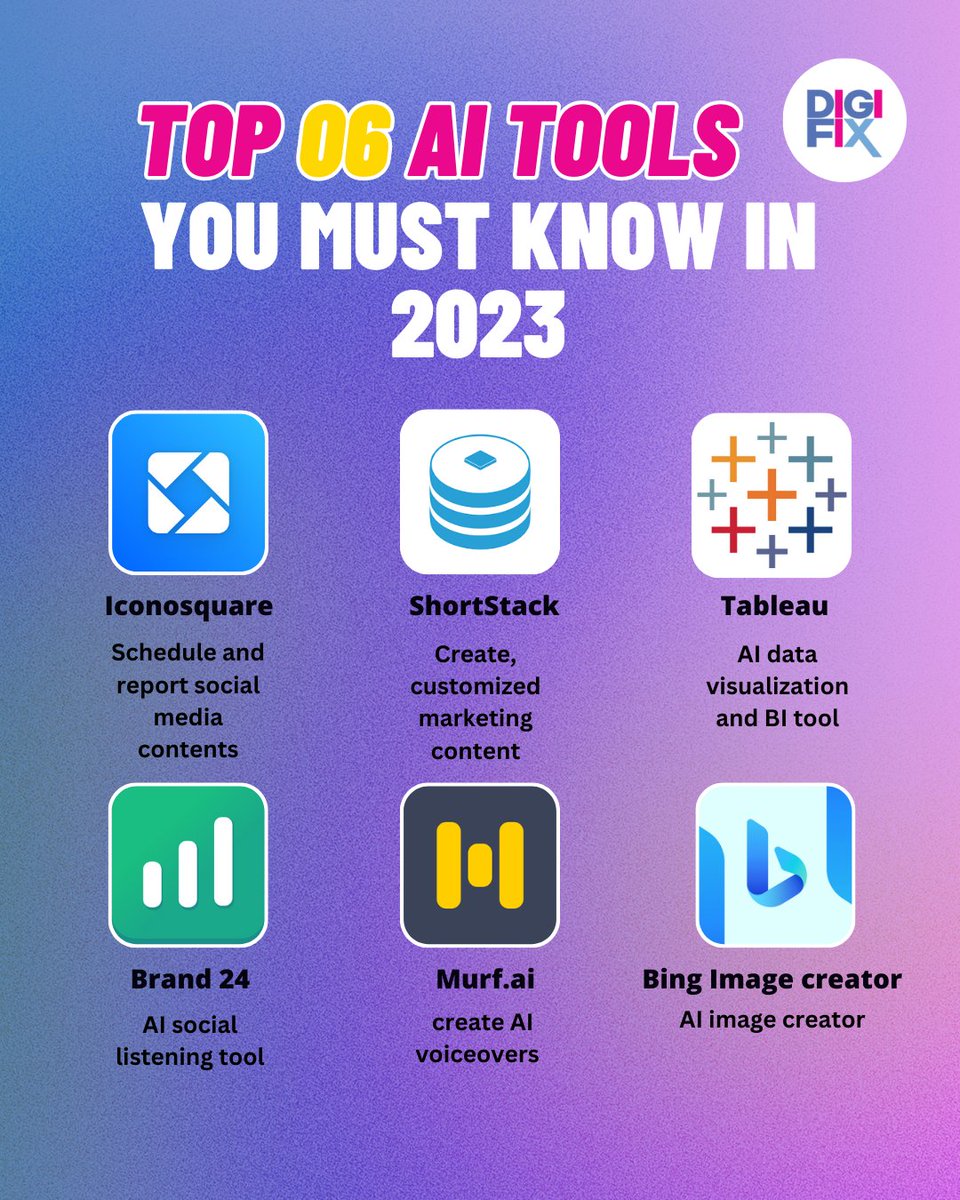Check Out the Top 6 Must-Know AI Tools of 2023!

#AItools2023 #LevelUpYourGame #MustKnowTools #TechTrends #DigitalMarketing #DataVisualization #SocialMediaManagement #BrandMonitoring #AIVoiceovers #CreativeContent #VisualizeSuccess #DigitalInnovation