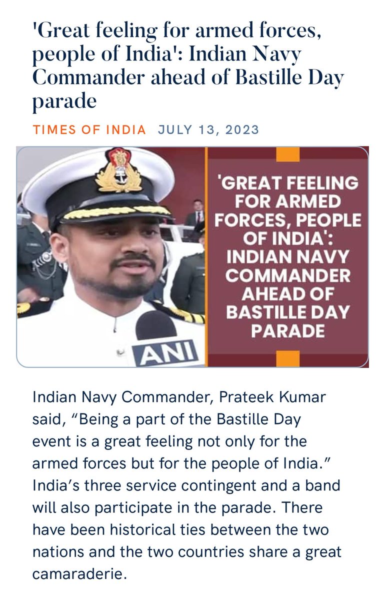 'Great feeling for armed forces, people of India': Indian Navy Commander ahead of Bastille Day parade
https://t.co/w4eeqQUpJN

via NaMo App https://t.co/P0D235QopX