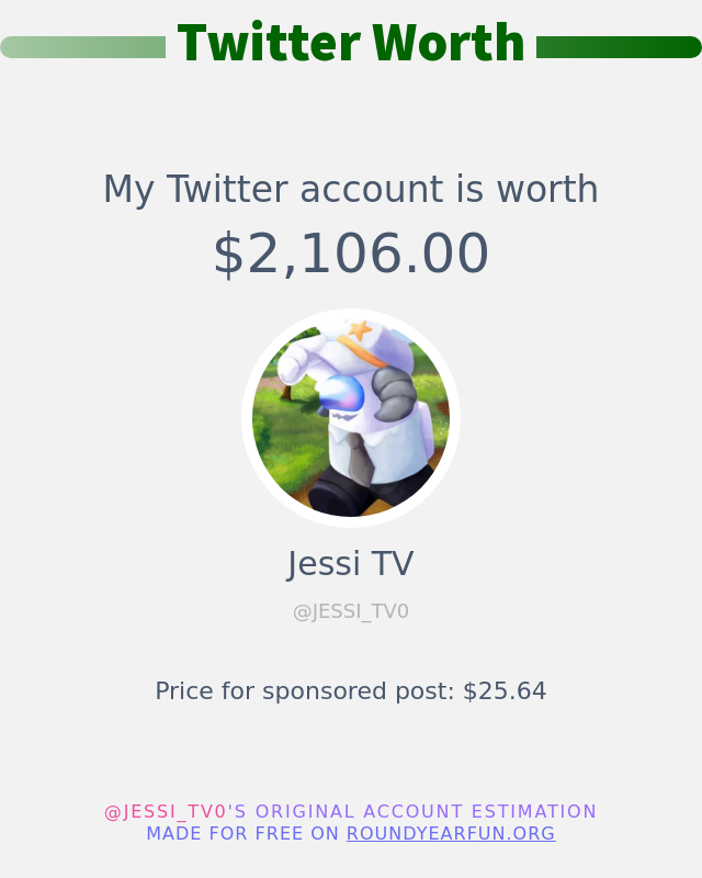 My Twitter worth is: $2,106.00

➡️ funtwitter.games/twitterworth