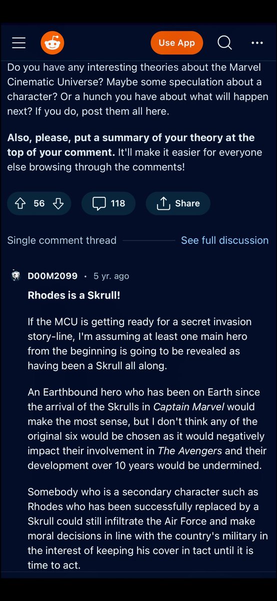 D0C_D00M's tweet photo. Hunch? 5 years ago…

Secret Invasion? When he fired Fury &amp; told him he encountered Skrulls 15 years ago…my math puts that’round the time of #IronMan. #Rhodey #NextTimeBaby #MCU #SkrullInvasion #SecretInvasion #WarMachine 
#RhodesIsASkrull #BackInMyDayPod https://t.co/jy6kJ0Y7s7 https://t.co/tOe9rV6fL5