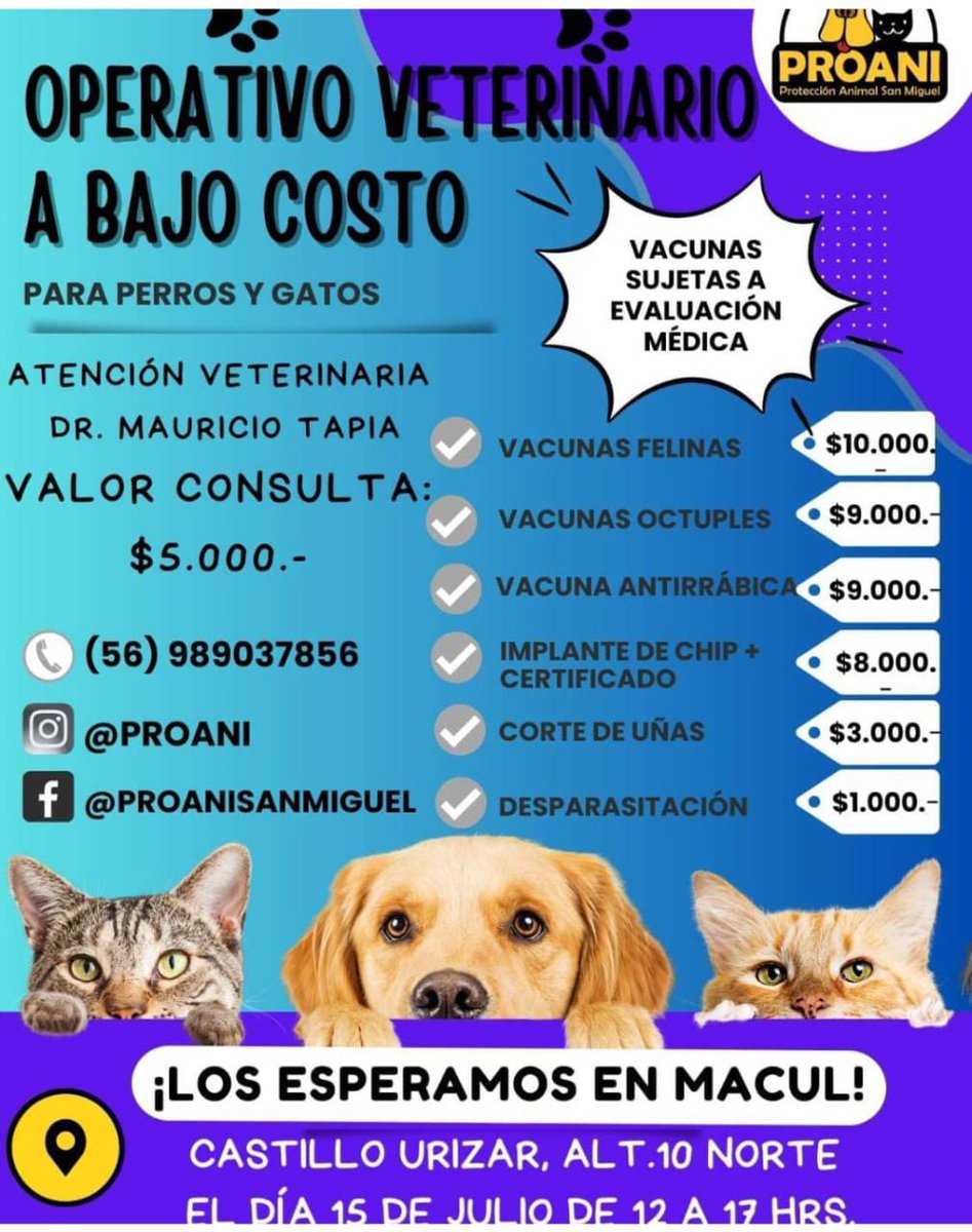 ‼️ATENTOS AMIGOS DE MACUL‼️
✅️ OPERATIVO DE VACUNAS A BAJO COSTO.
Este sábado 15 de julio a partir de las 12  horas estaremos en Castillo Urizar (Altura 10 norte), Villa Sta. Carolina, comuna de Macul Ante cualquier duda contáctanos al wsp 9 89037856 RT @SomosMacul <a href="/BombaMacul/">Bomba Macul</a>