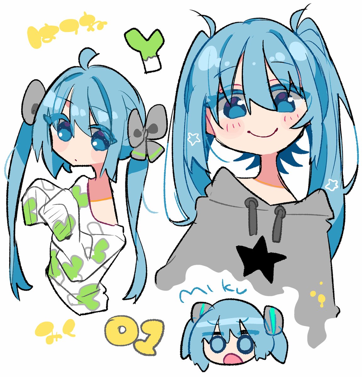 hatsune miku 1girl twintails long hair multiple views smile blue eyes blue hair  illustration images