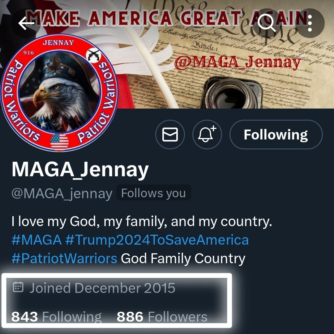 #PatriotWarriors #PatriotsAssemble #PatriotsCross #VettedPatriots #uws369
#MagaWarriors #UnitedConservativeFront 
🦅🗽🦅🗽🦅🗽🦅🗽🦅🗽🦅🗽🦅
Please follow my beautiful wife and best friend 👉@MAGA_jennay! She is nearing the 1k Followers Milestone. 
If you have already, please