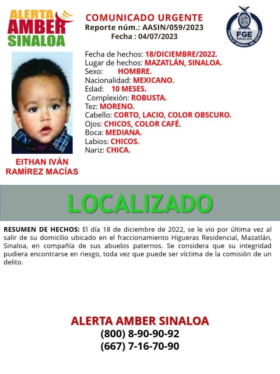 Encontrarles's tweet photo. El niño Eithan Iván Ramírez Macías fue localizado, de acuerdo con la @FiscaliaSinaloa 

#AlertaDesactivada #AlertaAmber #HastaEncontrarles https://t.co/8vmRwY5ytN