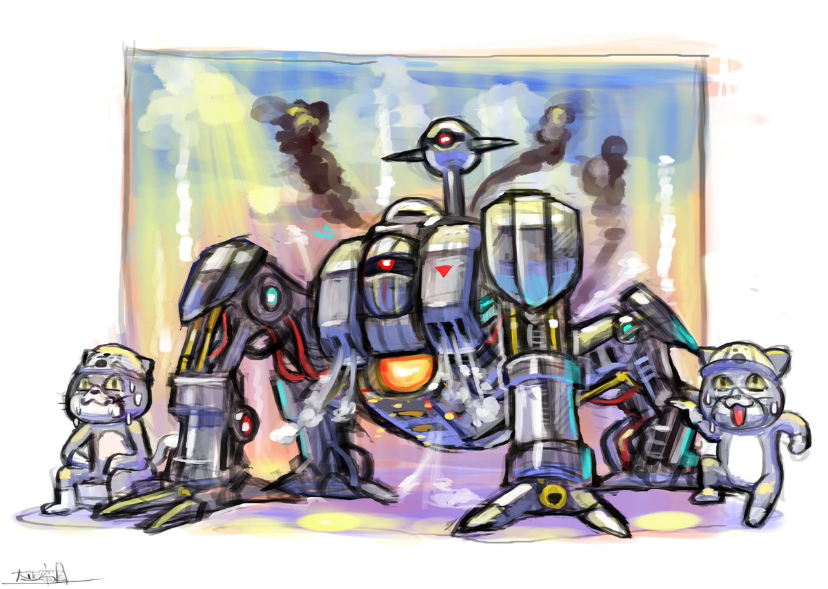 robot mecha no humans smoke cat science fiction signature  illustration images