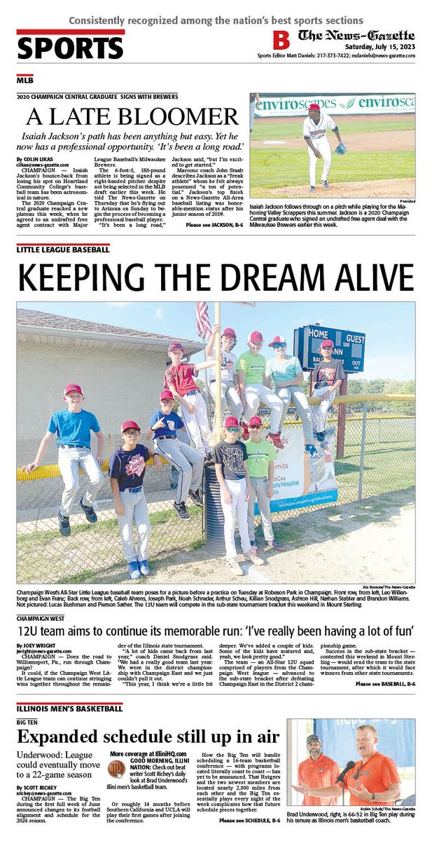 News-Gazette Preps (@ngpreps) on Twitter photo Saturday's N-G sports cover features <a href="/JoeyWright2000/">Joey Wright</a> on Champaign West's 12U All-Star Team, plus <a href="/clikasNG/">Colin Likas</a> on <a href="/maroonathletics/">Champaign Maroons</a> grad Isaiah Jackson’s path to signing w/Brewers and <a href="/srrichey/">Scott Richey</a> on #Illini MBB.
<a href="/APSE_sportmedia/">APSE</a>
Sign up for our newsletter: bit.ly/3M9lNU4 Saturday's N-G sports cover features <a href="/JoeyWright2000/">Joey Wright</a> on Champaign West's 12U All-Star Team, plus <a href="/clikasNG/">Colin Likas</a> on <a href="/maroonathletics/">Champaign Maroons</a> grad Isaiah Jackson’s path to signing w/Brewers and <a href="/srrichey/">Scott Richey</a> on #Illini MBB.
<a href="/APSE_sportmedia/">APSE</a>
Sign up for our newsletter: bit.ly/3M9lNU4