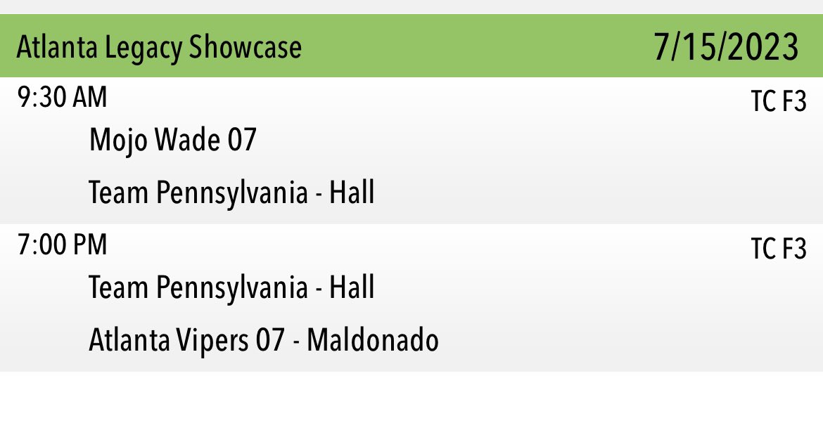 teampahall's tweet photo. 🚨UPDATED - Saturday Schedule

Doing great in ATL, 3-1 so far! Thank you to all the coaches that have come by to see us! 🫶🏻

Check us out tomorrow (Saturday) at Twin Creeks field 3!

Last pool game at 9:30am

First bracket game at 7pm

#teampaproud #compete 

@legacyshowcase1 https://t.co/XUcMQEb9M1