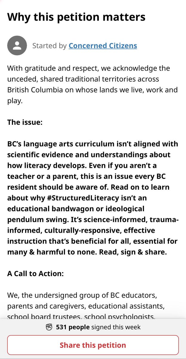 Petition update! 557! 
#OnOurWay
#ReadSignShare
#StructuredLiteracyForBC

change.org/StructuredLite…