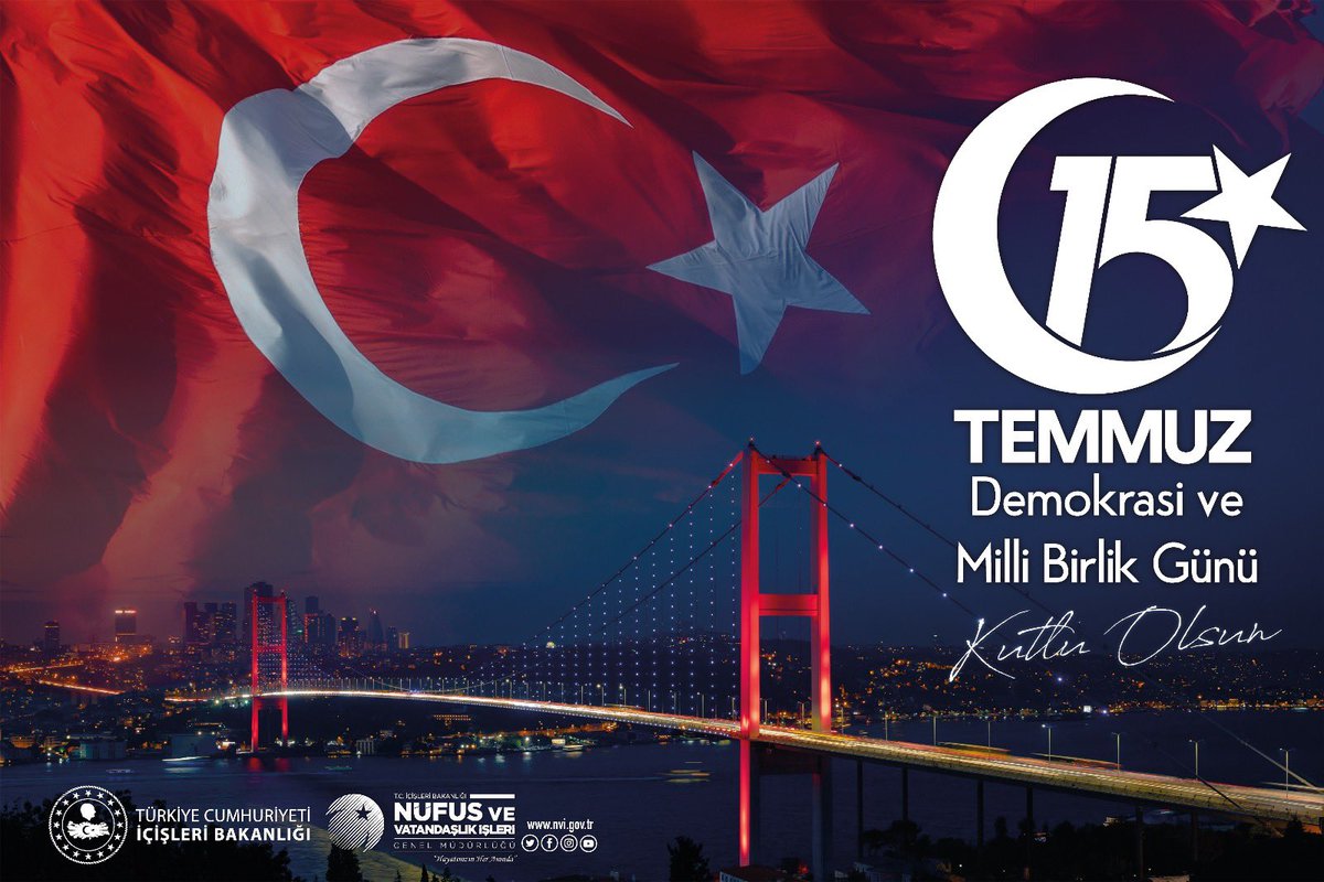 #15Temmuz hain darbe girişimine karşı istiklal ve istikbalimiz için o geceyi destanlaştırarak şehadet makamına ulaşan aziz şehitlerimizi  rahmet, kahraman gazilerimizi şükranla anıyoruz.

Milli iradeye ve demokrasimize sahip çıkan Aziz Milletimizi saygıyla selamlıyoruz..