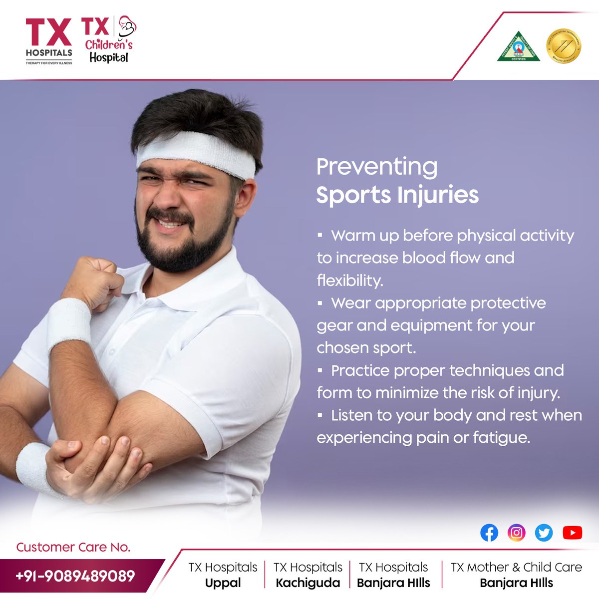 Stay safe and injury-free in #sports! Remember to warm up, wear protective gear, practice proper techniques, and listen to your body for a rewarding and enjoyable experience.

Visit Us:
🌍txhospitals.in
CRM NO: 9089489089

#SportsSafety #PreventionIsKey #exercisetips