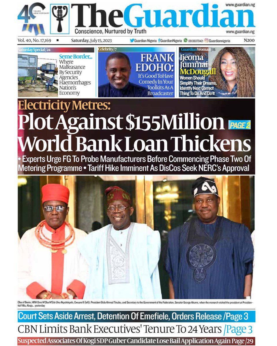 The Guardian Nigeria on X: Today in The Guardian – Acute outage imminent  as TCN, DisCos face-off deepens. Get a copy. #FrontPage #Headline #Business  #Politics #Sports #Pilgrims #Nigerians #Entertainment #News #Nigeria  #Africa #