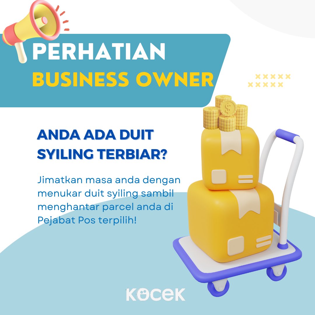 Perhatian!📢 Kepada business owner yang rajin menghantar parcel setiap hari, pesanan ini untuk anda! 📦

Jangan lupa bawa bersama duit syiling anda yang terbiar di rumah ke Pejabat Pos terpilih berdekatan anda.💰