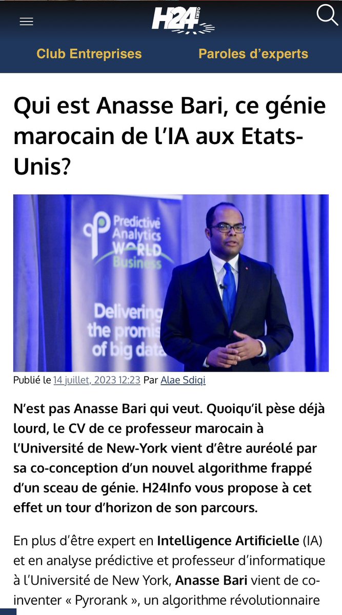 Lahcen Haddad, PhD (@lahcenhaddad) on Twitter photo Qui est <a href="/BariAnasse/">Prof.Anasse Bari</a> ce #génie_marocain de l’#IA aux #Etats_Unis?
En plus d’être expert en #Intelligence_Artificielle (IA) et en #analyse_prédictive et professeur d’#informatique à l’#Université_de_New_York, Anasse Bari vient de co-inventer « #Pyrorank », un #algorithme Qui est <a href="/BariAnasse/">Prof.Anasse Bari</a> ce #génie_marocain de l’#IA aux #Etats_Unis?
En plus d’être expert en #Intelligence_Artificielle (IA) et en #analyse_prédictive et professeur d’#informatique à l’#Université_de_New_York, Anasse Bari vient de co-inventer « #Pyrorank », un #algorithme