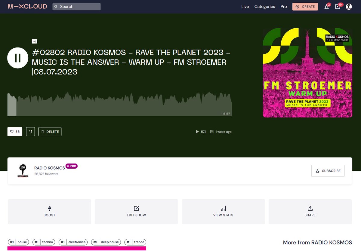 StromerMarcel's tweet photo. I love you! FM STROEMER (OFFICIAL)
>> 5x PLATZ 1 <<
Mixcloud Trending Charts
15.07.2023
#02802 RADIO KOSMOS - Rave The Planet 2023 - MUSIC IS THE ANSWER - WARM UP - FM STROEMER | 15.07.2023
https://t.co/f0JgBihysI
Thanks all for support us!
#mixcloud #trendingchart https://t.co/8QFi1k28Uc