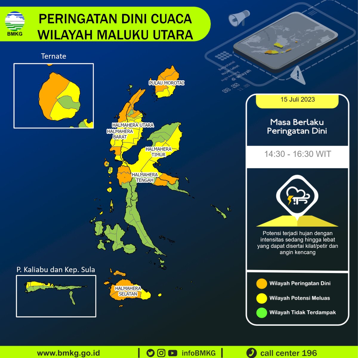 infoBMKG's tweet photo. Update Peringatan Dini Cuaca Wilayah - Maluku Utara Tgl. 15 Juli 2023 pkl. 14:30 WIT
Prakirawan - BMKG - Maluku Utara
https://t.co/6hGgegjTbt https://t.co/aIJh9wCitY