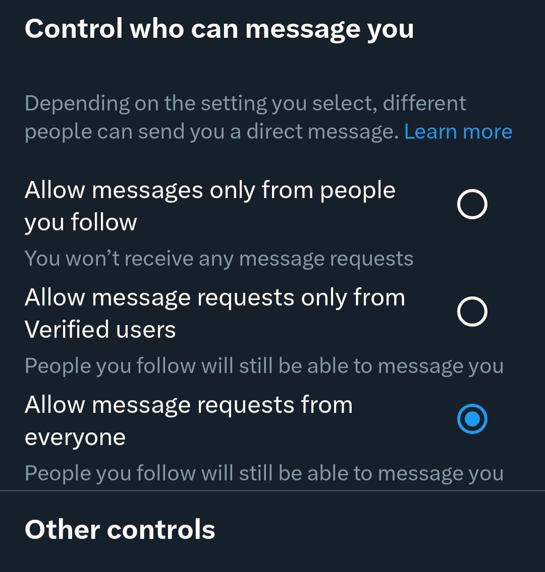 Hey all quick PSA since this app is run by a complete tool: you have been auto-changed into only accepting messages from checkmarks. To change this, you need to first select the top option here, and THEN select the bottom option. Otherwise you'll get rolled back on refresh.