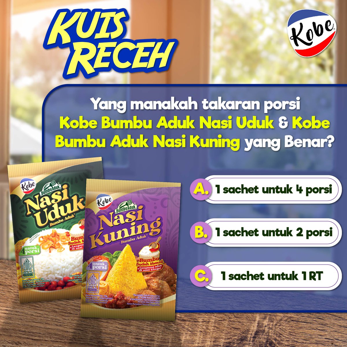 Kuis Receh: Yang Manakah Takaran Porsi Kobe Bumbu Aduk Nasi Uduk dan Kobe Bumbu Aduk Nasi Kuning yang benar?

Yuk jawab dan Menangkan uang digital Total 500.000 untuk 5 Bestie yang beruntung!