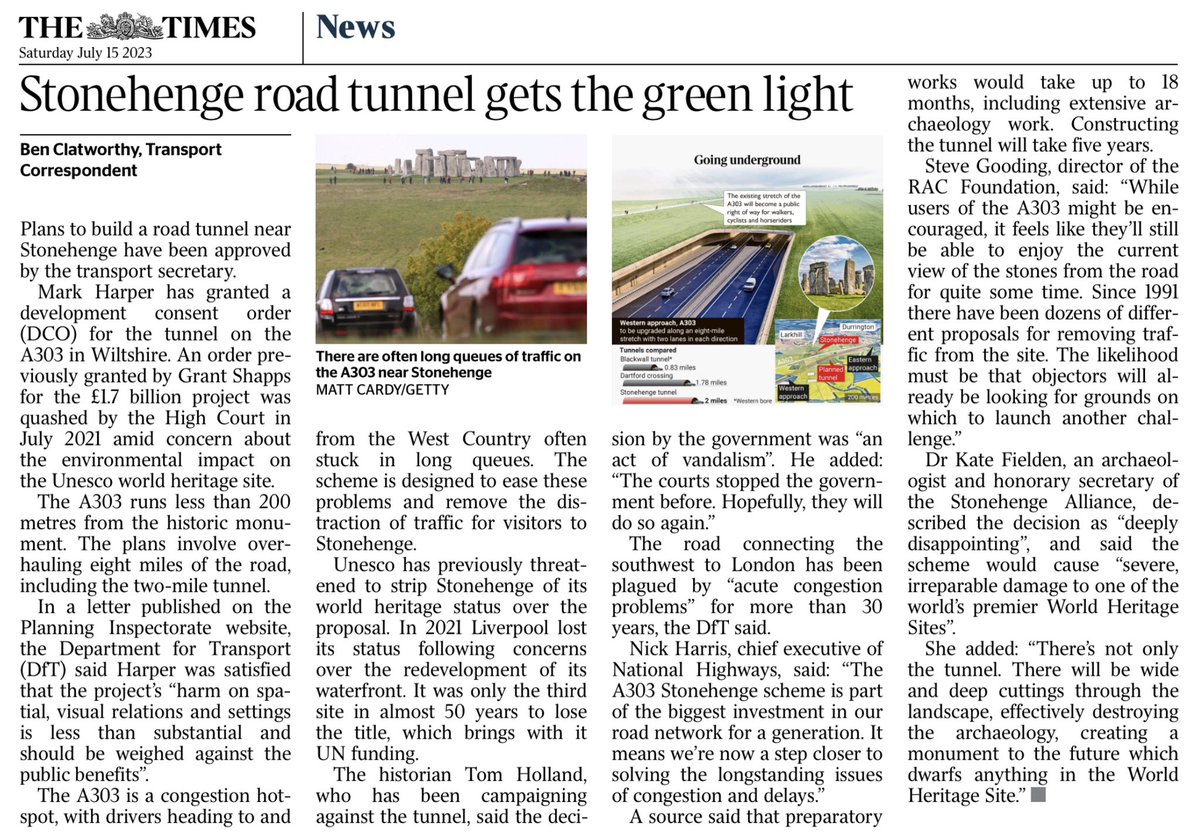 paullewismoney's tweet photo. Cars trump archaeology as dual carriageway and tunnel by Stonehenge approved. Archaeologist warns it will cause “severe and irreparable damage” and destroy archaeology. But it will speed up traffic and hide it a bit. https://t.co/DkITIiWCPg