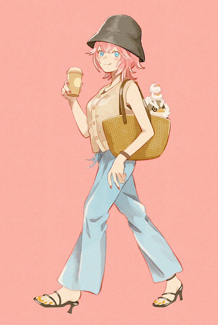 1girl pink hair blue eyes pink background cup pants solo  illustration images