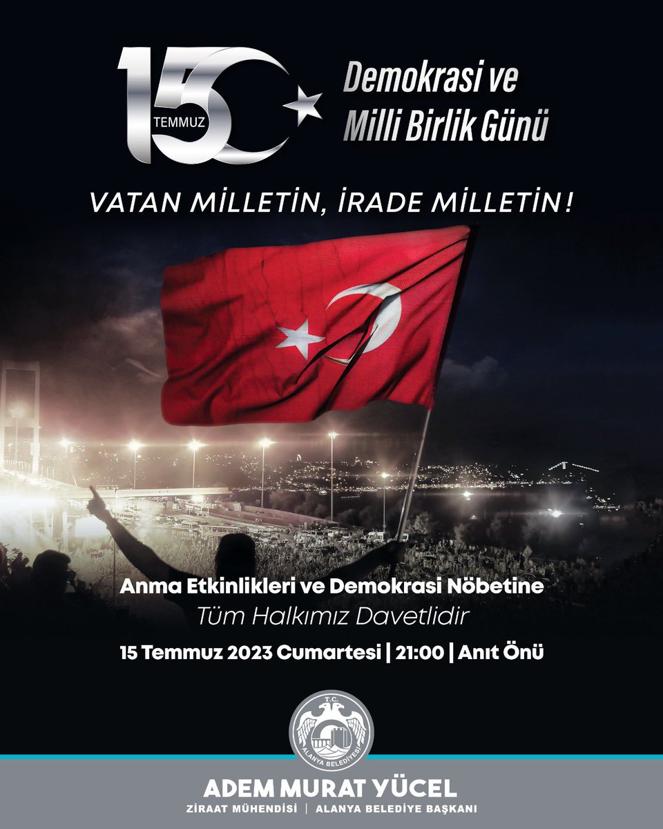 AdemMuratYucel's tweet photo. Ay Yıldızlı Al Bayrağımızın gölgesi altında sonsuza kadar hür ve bağımsız yaşamaya ant içmiş aziz milletimizin kahramanlık destanı yazdığı 15 Temmuz Demokrasi ve Milli Birlik Günü'nde vatanı için canını feda eden tüm şehitlerimizi rahmet ve minnetle anıyorum.

#15Temmuz https://t.co/qdgpXrOQxs