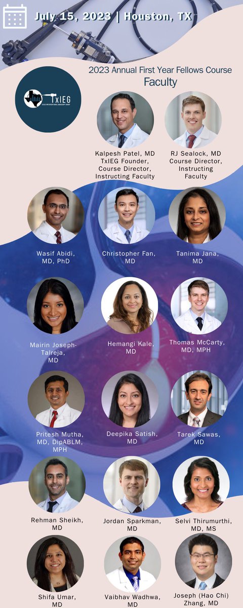 TexasIEG's tweet photo. Introducing the @TxIEG #FirstYearFellows Course Faculty! ๐ฅ
July 15, 2023, HTX!
@rjsealock @WasAbiDoc @ThomasRMcCarty3 @pritesh_mutha @DeepikaSatishMD @tareksawas @shifaumarMD @vaibhav_manu #KalpeshPatel #GITwitter #Endoscopy #GIFellows #TxIEG https://t.co/ZMPygWWzps