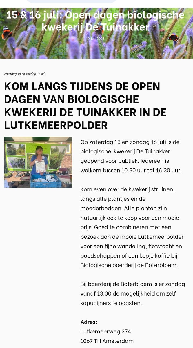 KOM LANGS TIJDENS DE OPEN DAGEN VAN BIOLOGISCHE KWEKERIJ DE TUINAKKER IN DE #LUTKEMEERPOLDER

15 &amp; 16 juli: Open dagen biologische kwekerij De Tuinakker
10 juli 2023

voedselparkamsterdam.nl/15-16-juli-ope…