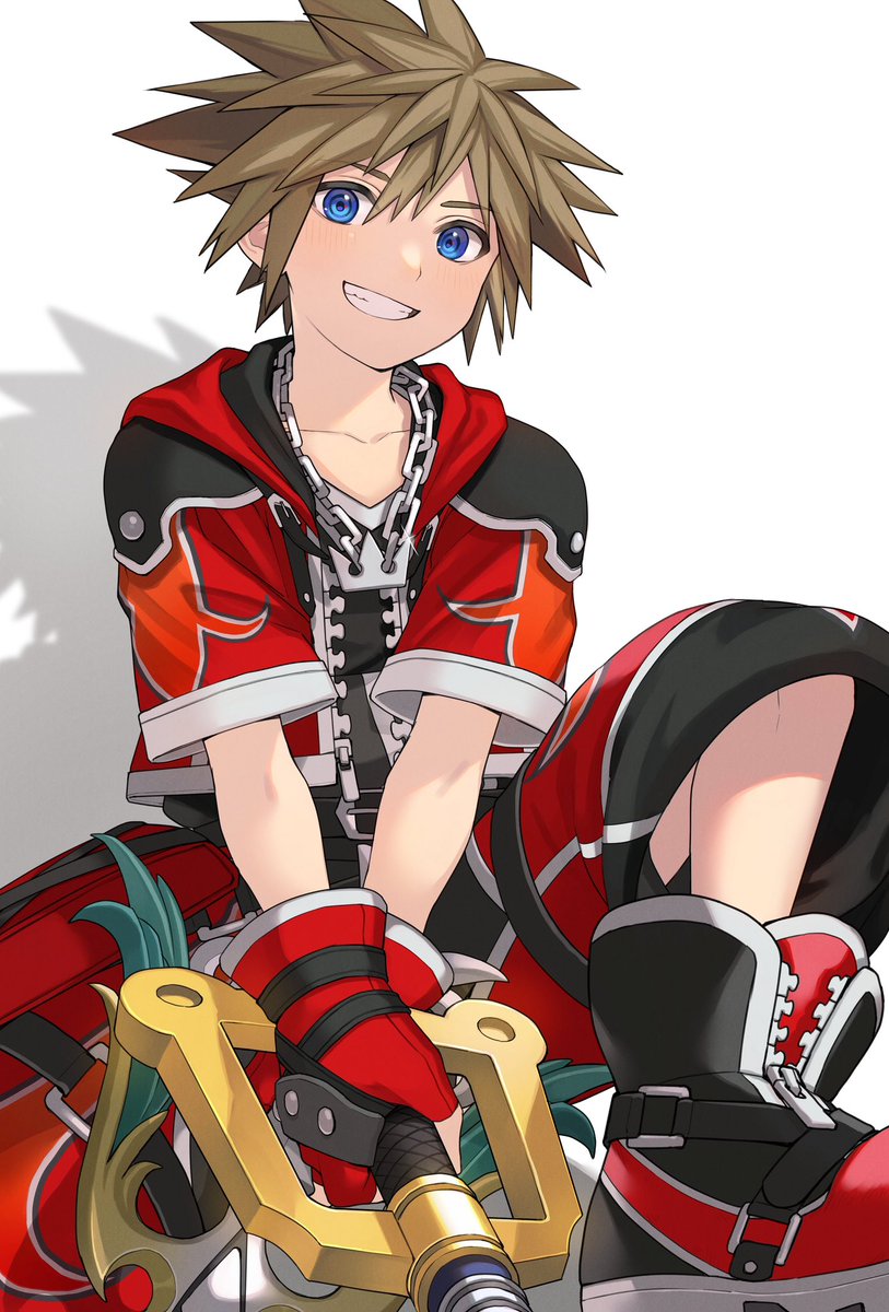 sora (kingdom hearts) 1boy male focus blue eyes spiked hair smile brown hair solo  illustration images