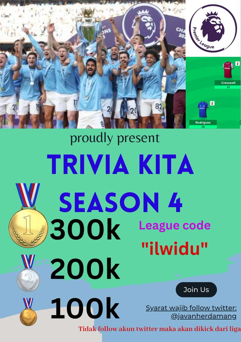 Halo para manajer liga TRIVIA KITA Season 4 yg terbukti amanah di 3 season sebelumnya telah diluncurkan kembali. Ayo buruan join. <a href="/pisangij01/">FPL Liga Pisangijo</a> minta dibantu UP hehe thanks