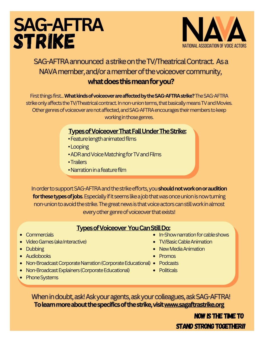 Curious about what types of #voiceover you can and cannot do as a result of the <a href="/sagaftra/">SAG-AFTRA</a> and <a href="/WGAWest/">Writers Guild of America West</a> strike? (#solidarity forever!) thank you NAVA for this easy to understand info! Let’s support each other! #VO #UnionStrong