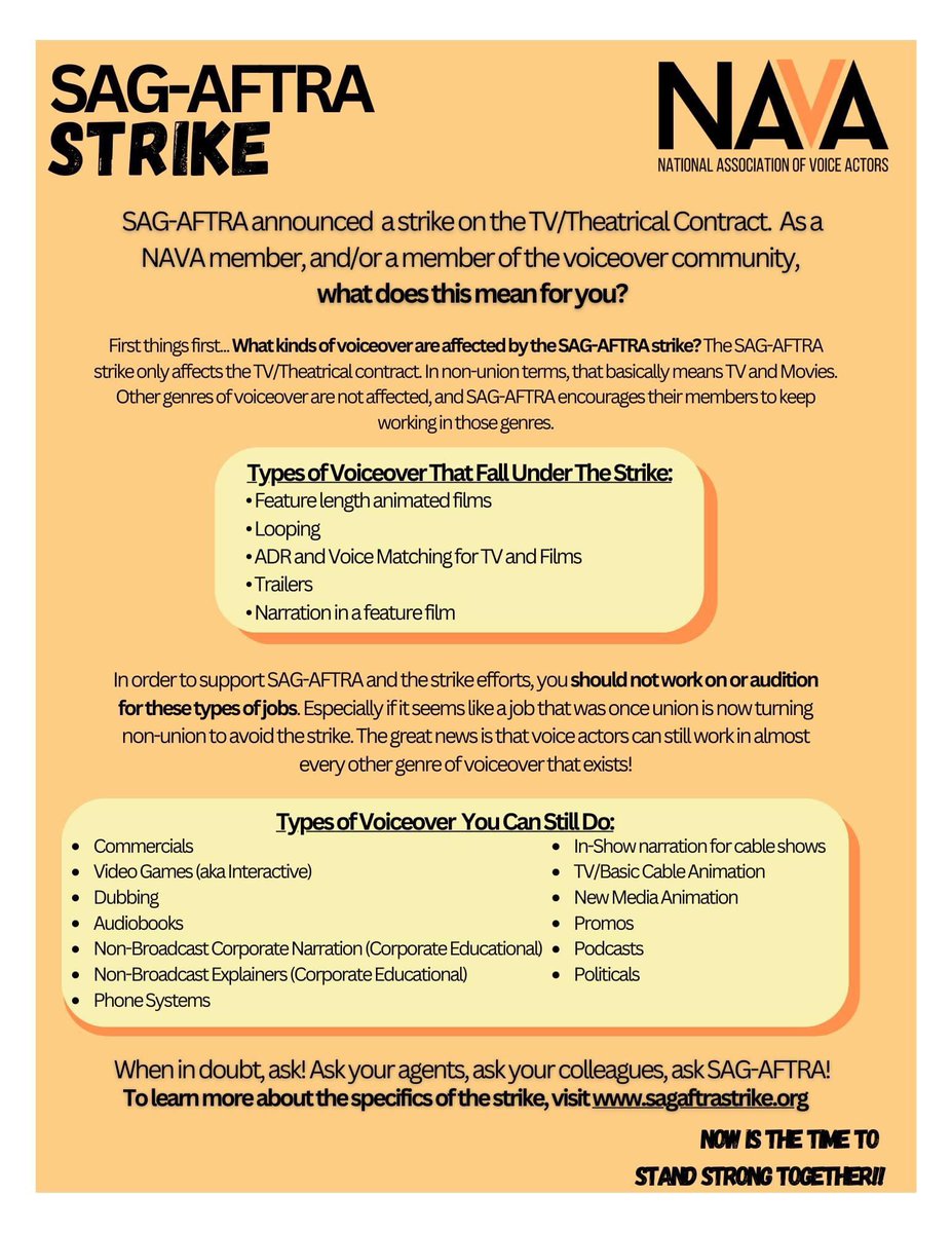 Curious about what types of #voiceover you can and cannot do as a result of the @sagaftra and @WGAWest strike? (#solidarity forever!) thank you NAVA for this easy to understand info! Let’s support each other! #VO #UnionStrong