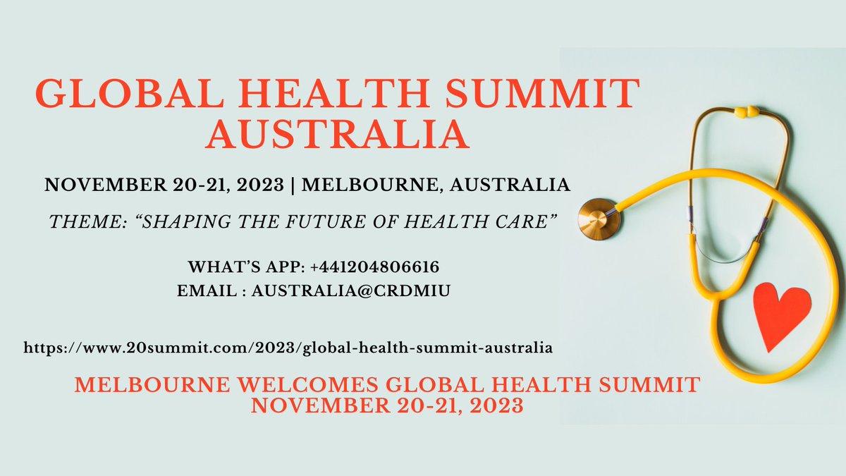 div_jennifer's tweet photo. Join us in Melbourne: Global Health Summit, November 20-21, 2023 #Australia #Health #clinicalresearch #Pharmacovigilance #mentalhealth #DigitalHealth #Biomedical #research #DrugDiscovery
#professors, #Researchers #Doctors #Students 
URL: https://t.co/XL6lpHLCyR
+441204806616 https://t.co/9F8bGyqk91